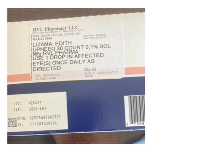 Upneeq (Oxymetazoline Hydrochloride Ophthalmic Solution) 0.1%, 0.3 mL, 30 Count, RVL Pharmaceuticals (Rx)