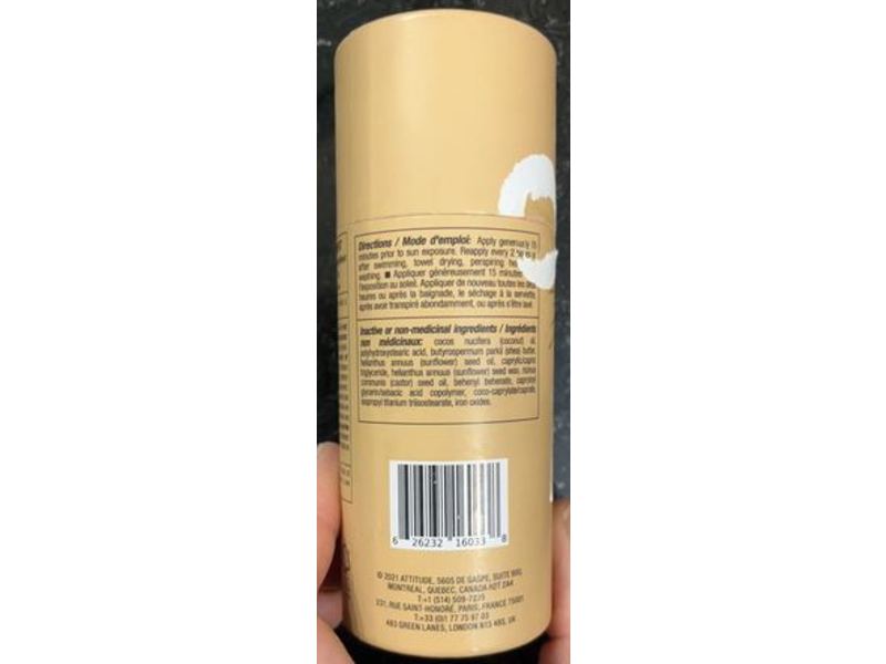 Attitude Tinted Mineral Sunscreen Stick, Unscented, SPF 30, 3 oz/85 g