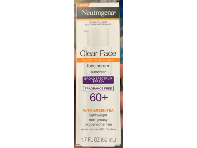 Neutrogena Clear Face Serum Sunscreen, SPF 60+, Green Tea, 1.7 fl oz/50 mL