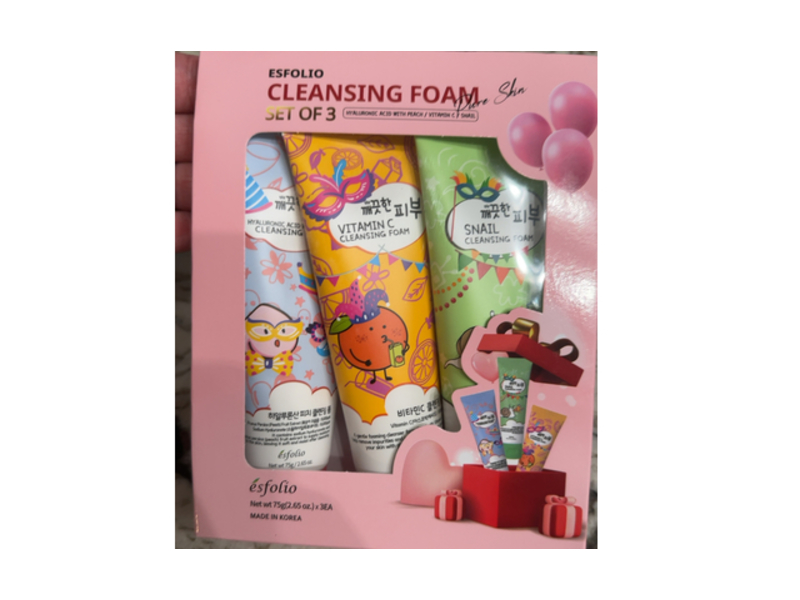 Esfolio Cleansing Foam Set Of 3, Hyaluronic Acid, Vitamin C & Snail, 2.65 oz/75 g