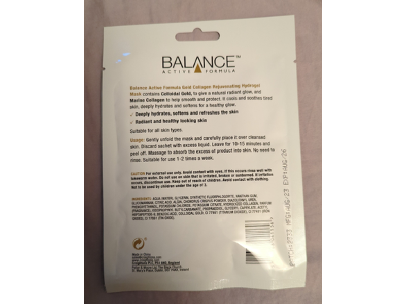 Balance Rejuvenating Hydrogel Mask, Gold + Marine Collagen, 2.1 oz/60 g, 1 Count