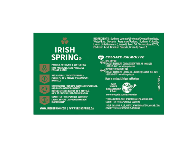 Irish Spring Original Clean Fresh Deodorant Soap, Flaxseed Oil, 3.7 oz/104.8 g, Pack Of 3