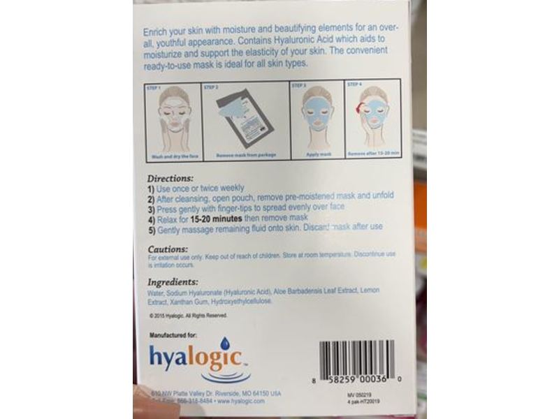 Hyalogic Ha Moisture Mask, Hyaluronic Acid + Aloe, 0.34 oz