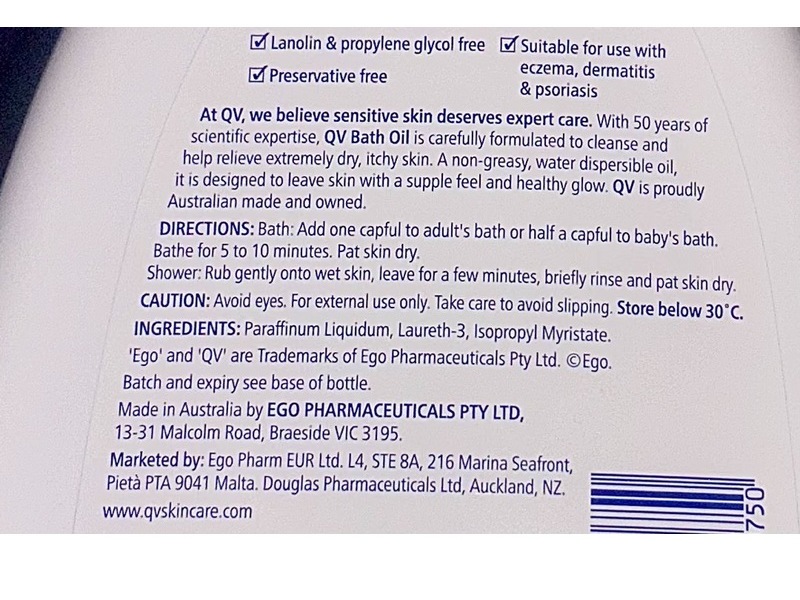 QV Skincare Ego QV Bath Oil, 1.25 L