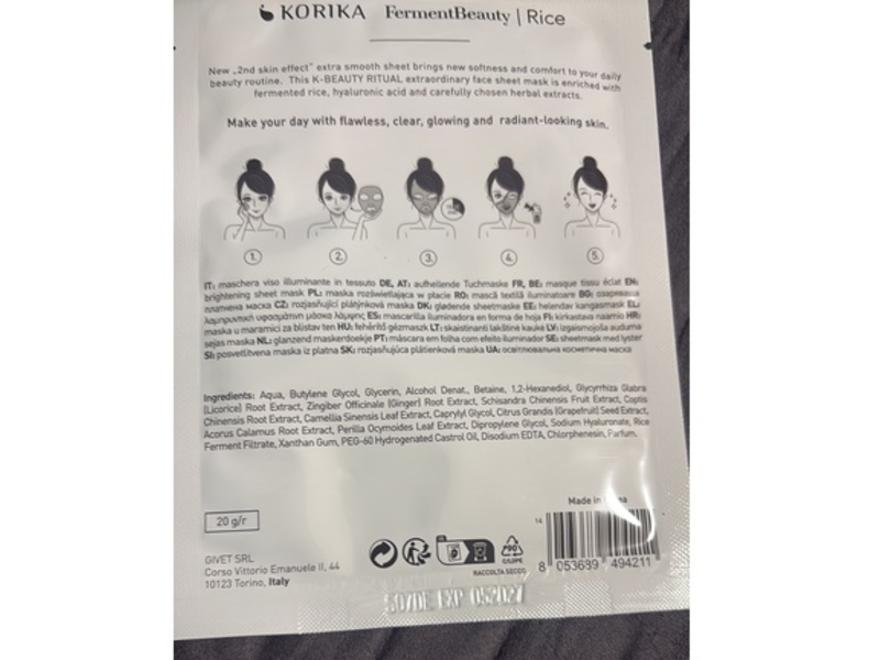 Korika Ferment Beauty Brightening Sheet Mask, Rice, 20 g