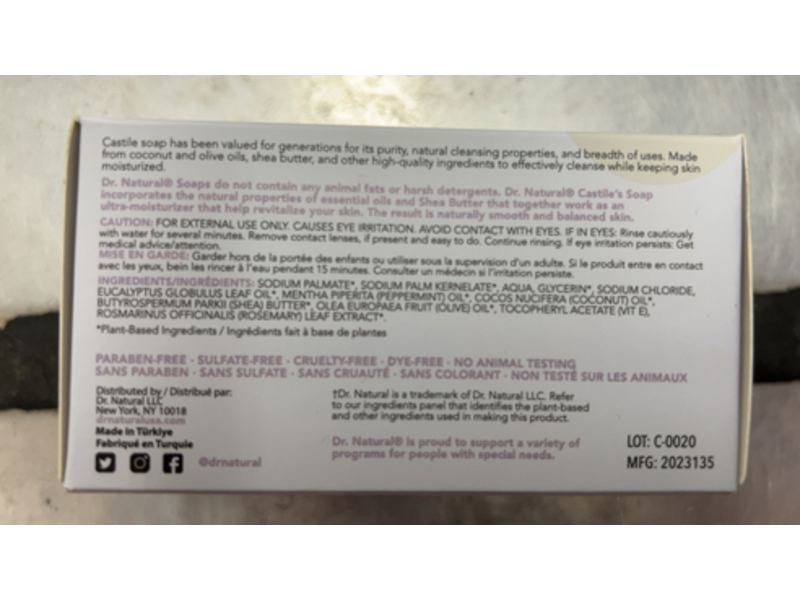 Dr. Natural Plant-Based Castile Soap, Peppermint, 8 oz/226 g, Pack Of 2