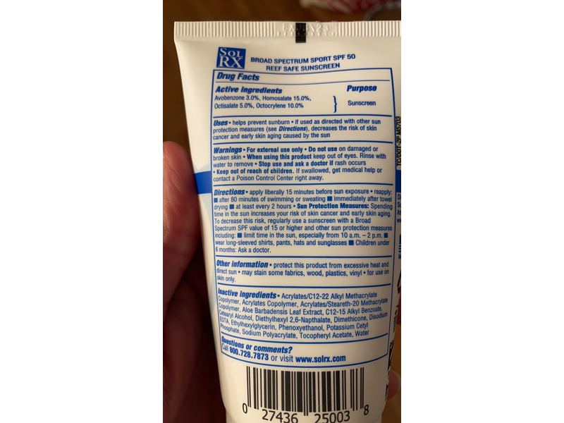 SolRx Sport Sunscreen, SPF 50, Oxybenzone Free, 3.4 fl oz/100 mL