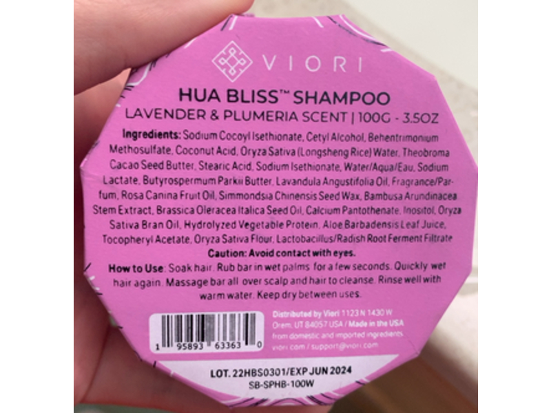 Viori Hua Bliss Shampoo, Lavender & Plumeria Scent, 3.50 oz/100 g