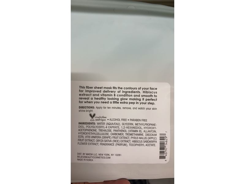 Believe Beauty Brightening Sheet Mask, Hibiscus + Vitamin B, 1 Count