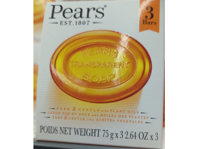 Pears Pure & Gentle Transparent Bar Soap, Plant Oil, 2.64 oz/75 g, 3 Count.