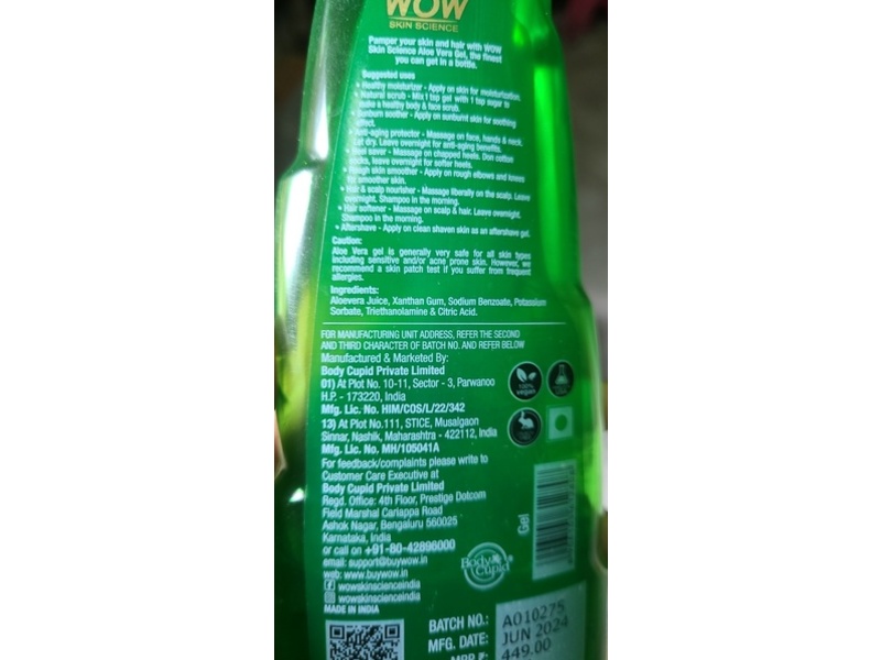 WOW Skin Science Skin & Hair Gel, Aloe Vera, 250 mL