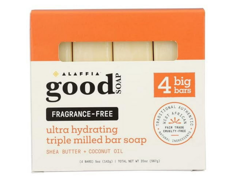 Alaffia Ultra Hydrating Triple Milled Bar Soap, Fragrance Free, 5 oz/142 g, Pack Of 4