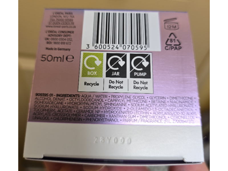 L'Oreal Paris Revitalift Filler Hyaluronic Replumping Water-Cream, 50 mL