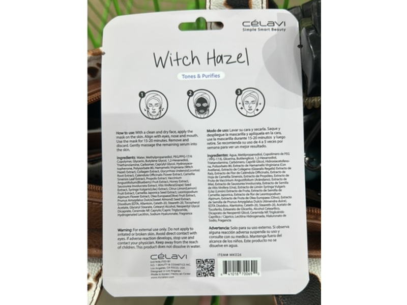 Celavi Facial Mask, Witch Hazel, 0.74 fl oz/20 g