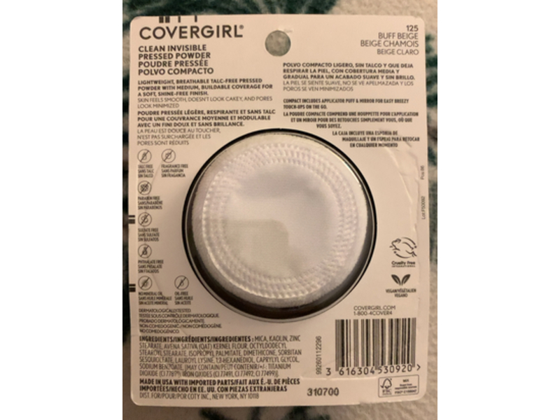 Covergirl Clean Invisible Pressed Powder, 125 Buff Beige, 0.38 oz/11 g