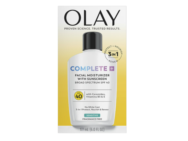 Olay Complete + Daily Facial Moisturizer Sunscreen, Fragrance Free, SPF 40, 6.0 fl oz/177 mL