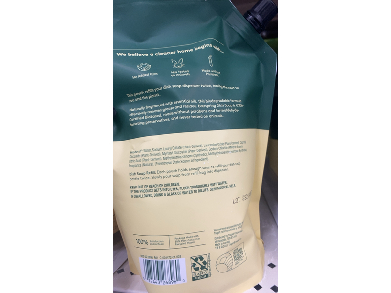 Ever Spring Tough On Grease Dish Soap Refill, Lemon & Mint, 36 fl oz/1.06 L