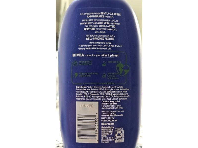 Nivea Men Maximum Hydration Body Wash, Aloe Vera, 30 fl oz/887 mL.