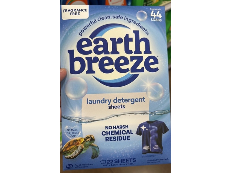Earth Breeze Laundry Detergent Sheets, Fragrance Free, 22 Sheets, 44 Loads
