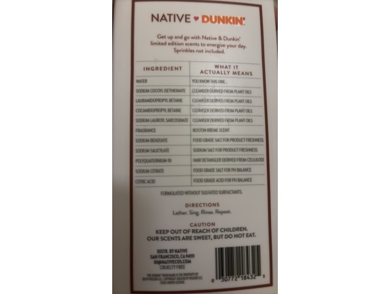 Native Dunkin Boston Kreme Moisturizing Shampoo, 16.5 fl oz/487 mL