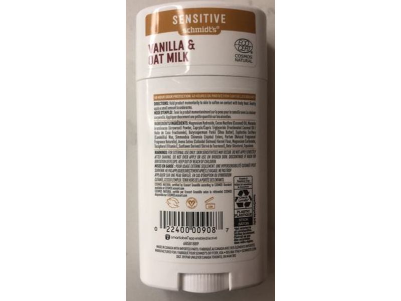 Schmidt's Natural Deodorant, Vanilla + Oat Milk, Sensitive, 2.65 oz/75 g
