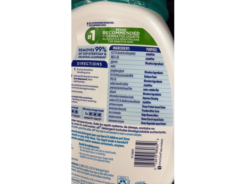 All 4 In 1 Free Clear Mighty Pacs Detergent Pacs, Odor Relief, 55.7 oz/1.58 Kg, 72 Count