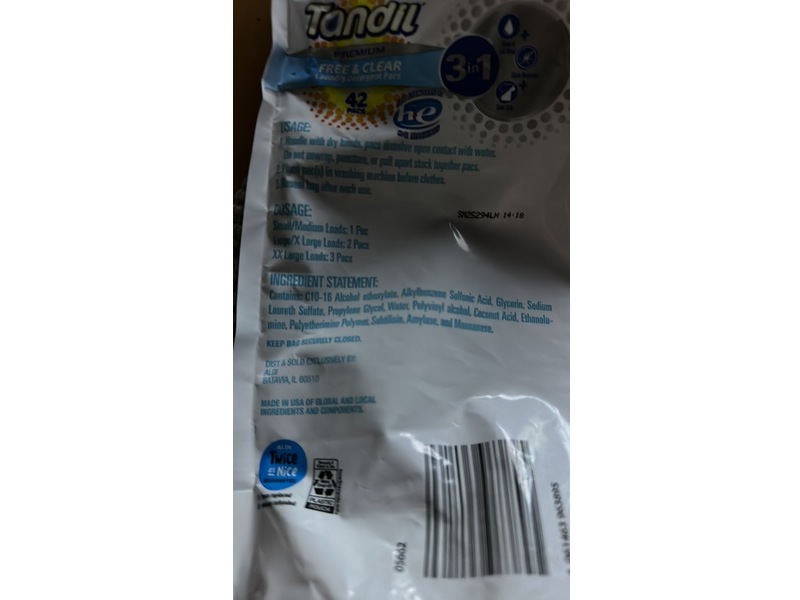 Tandil Laundry Detergent Pacs, Free & Clear, 26.6 oz/756 g, 42 Pacs