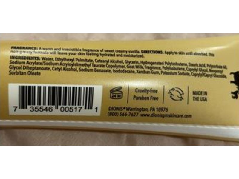 Dionis Goat Milk Body Lotion, Vanilla Bean, Hydrates & Moistures, 1 oz/28 g