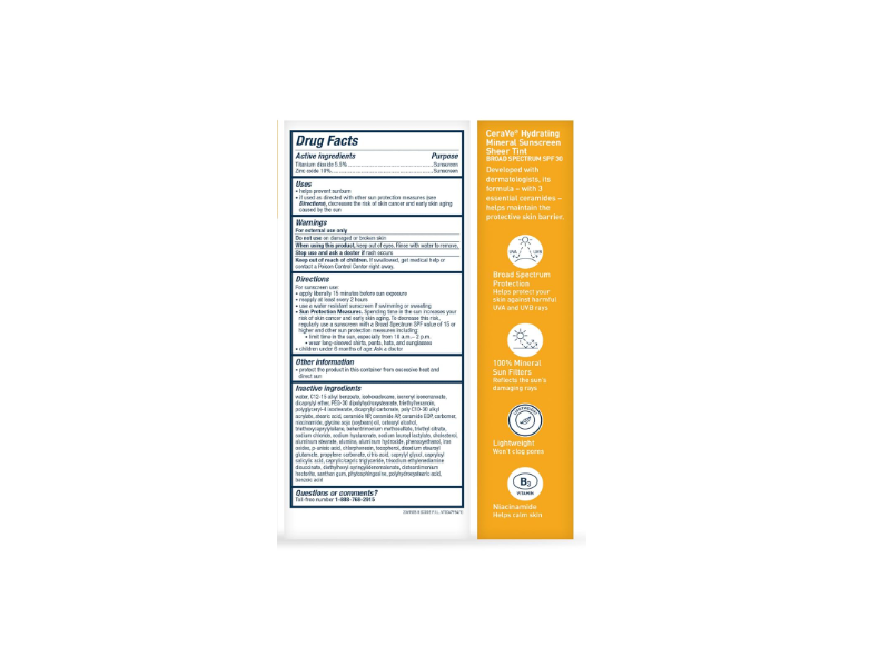 CeraVe Hydrating Mineral Sunscreen, SPF 30 Light Sheer Tint, 1.7 fl oz/50 mL