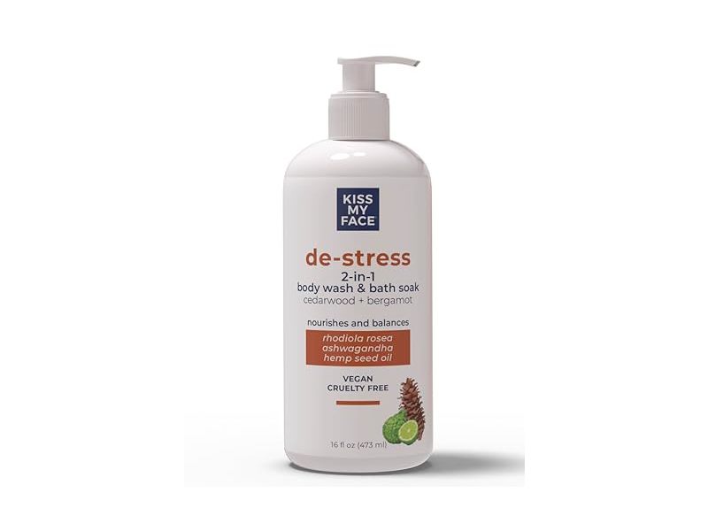 Kiss My Face De-Stress 2-In-1 Body Wash & Bath Soak, Cedarwood+Bergamot, 16 fl oz/473 mL
