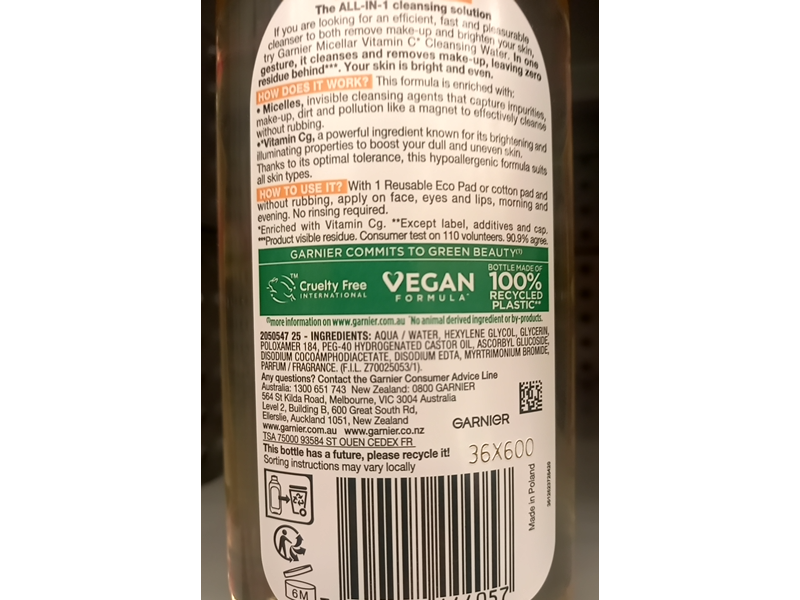 Garnier SkinActive Micellar Cleansing Water, Vitamin C, 125 mL