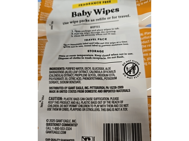 Giant Eagle Baby Wipes, Fragrance Free, 72 Count