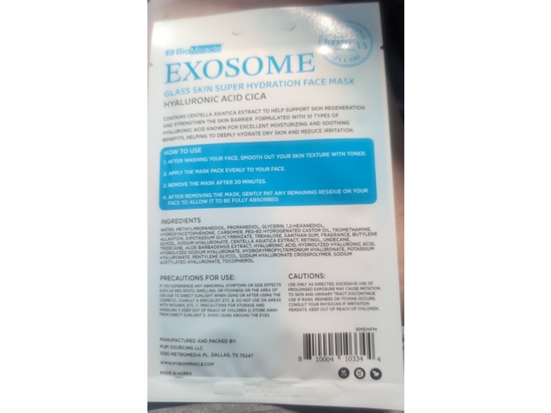 BioMiracle Exosome Glass Skin Super Hydration Face Mask, Hyaluronic Acid, Cica, 20 g