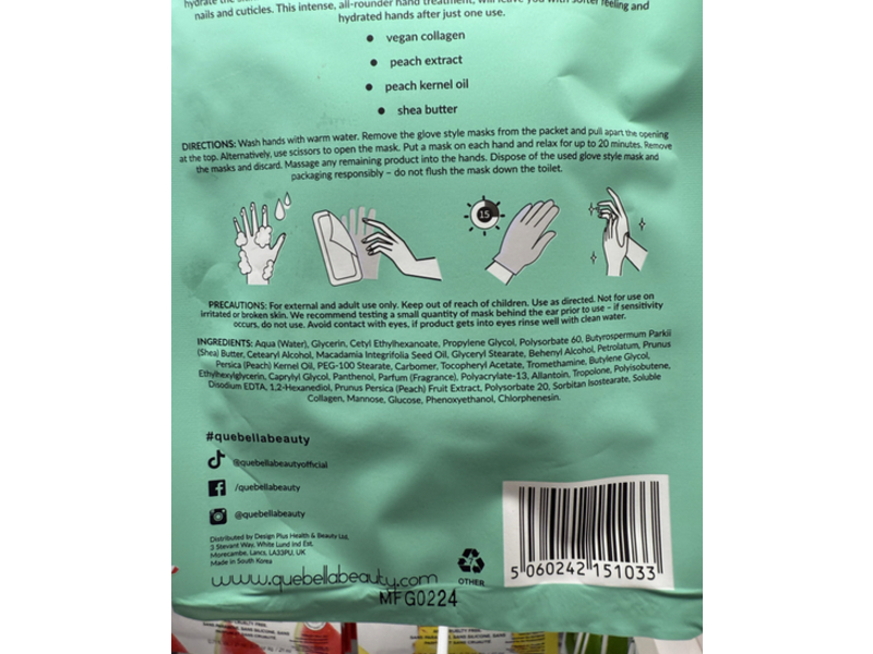 Que Bella Collagen Hand Mask, Peach Extract, 1 Pair