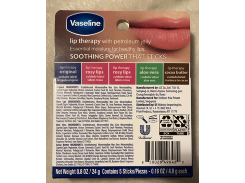 Vaseline Lip Therapy Sticks, Original, Rosy, Aloe Vera, Cocoa Butter, 0.16 oz/4.8 g, Pack Of 5
