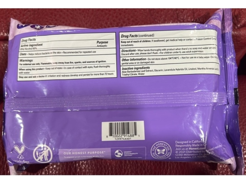 Honest Aloe Sanitizing Wipes, Lavender Field, 50 Count, Pack Of 3