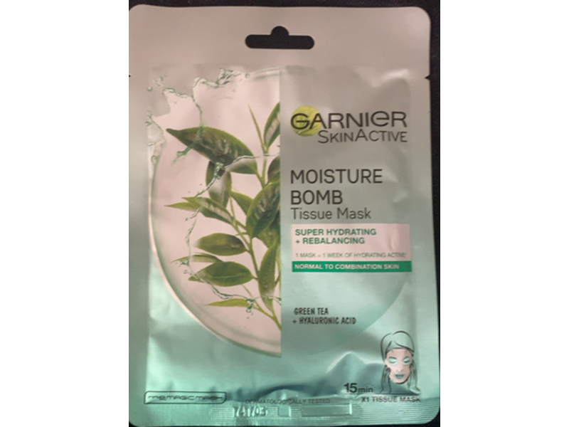 Garnier Skin Active Moisture Bomb Tissue Mask, Green Tea + Hyaluronic Acid, 28 g, 1 Count
