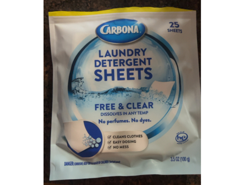 Carbona Laundry Detergent Sheets, Free & Clear, 3.5 oz/100 g, 25 Count