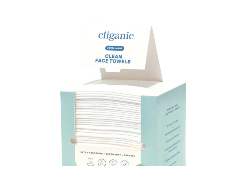 Cliganic Clean face Towels, Extra Large, Fragrance Free, 40 Count