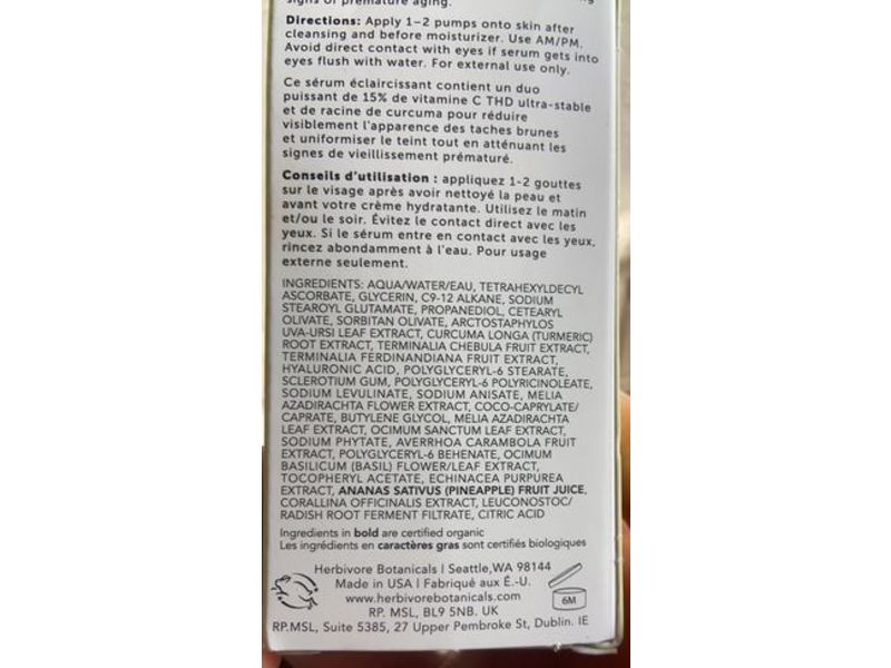 Herbivore Nova Brightening Serum, 15% Vitamin C + Turmeric, 1 fl oz/30 mL