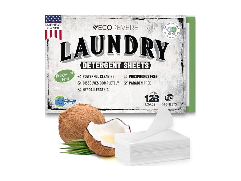 EcoRevere Laundry Detergent Sheets, Fragrance-Free, 128 Loads, 64 Count