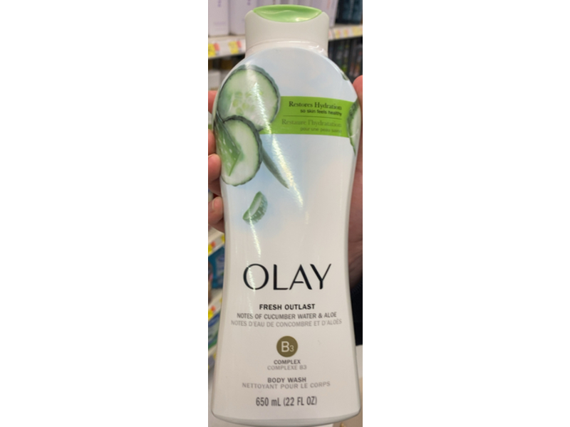 Olay Fresh Outlast Body Wash, Cucumber Water & Aloe, 22 fl oz/650 mL, Pack Of 4