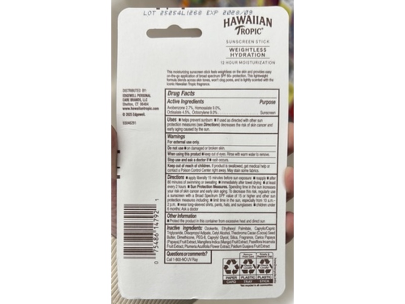 Hawaiian Tropic Weightless Hydration Sunscreen Stick, SPF 60+, 0.5 oz/14.2 g