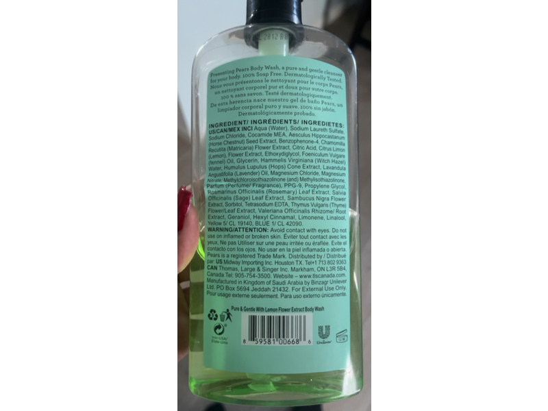 Pears Pure & Gentle Body Wash, Lemon Flower Extract, 16.9 fl oz/500 mL