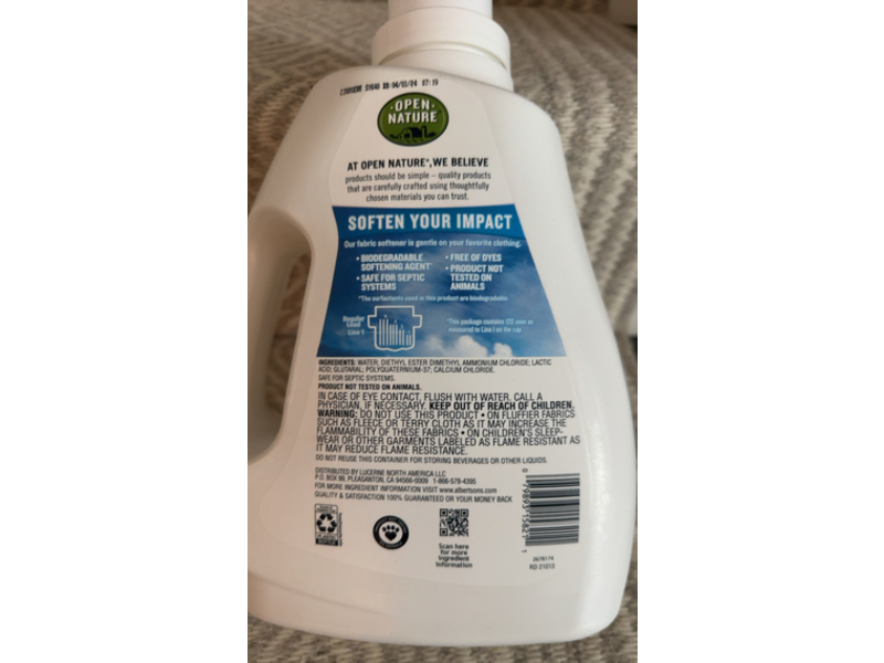 Open Nature Fabric Softener, Free & Clear, 120 Loads, 103 fl oz/3.04 L