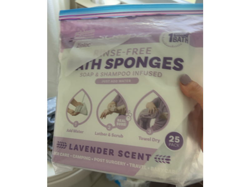 Scrubzz Rinse-Free Soap & Shampoo Infused Bath Sponges, Lavender, 25 Count