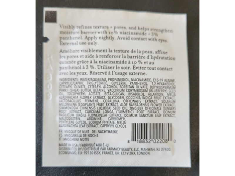 Farmacy Niacinamide Night Mask, Vitamin B, 0.05 fl oz/1.5 mL