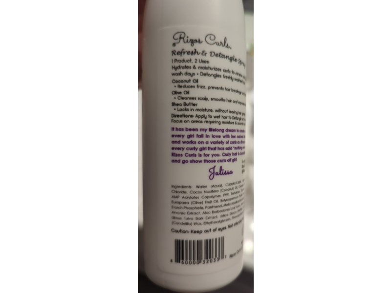 Rizos Curls Refresh & Detangle Spray, Coconut Oil & Olive Oil, 10 fl oz/296 mL