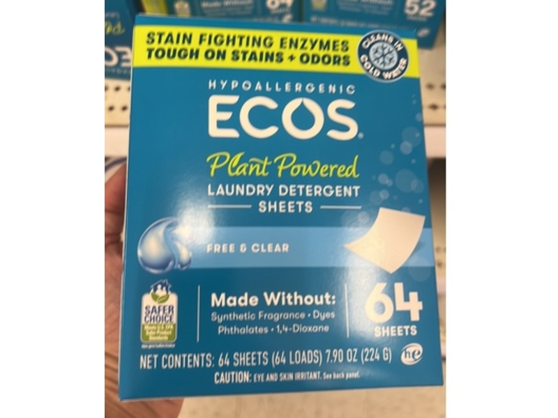 Ecos Laundry Detergent Sheets, 64 Loads, Free & Clear, 7.90 oz/224 g, 64 Count