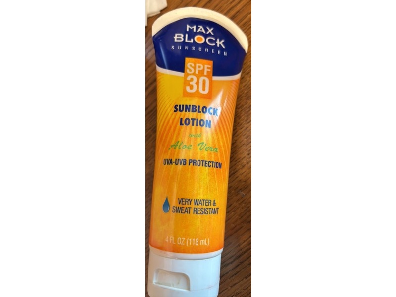 Max Block Sunscreen Sunblock Lotion, SPF 30, Aloe Vera, 4 fl oz/118 mL